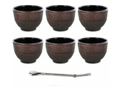 6 tazas de hierro fundido 15 cl negro y bronce + pajita de acero inoxidable con filtro