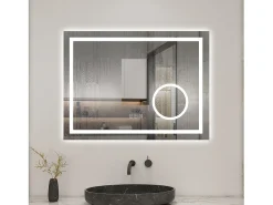 AICA espejo 80 x 60 cm,rectangular,con función antivaho,Bluetooth，lupa 3x,reloj led, espejo con luz de 3 colores,brillo ajustable,función de memoria agapada