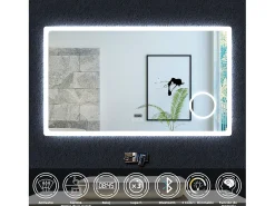 AICA espejo 100 x 60 cm,rectangular,con función antivaho,Bluetooth，lupa 3x,reloj led, espejo con luz de 3 colores,brillo ajustable,función de memoria agapada