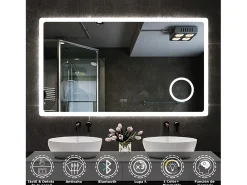 AICA Espejo 120 x 70 cm,rectangular,con función antivaho,Bluetooth，lupa 3x,con luz de 3 colores,brillo ajustable,función de memoria agapada