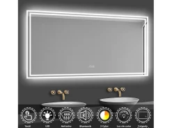 AICA espejo 1400 x 800 mm,rectangular,con función antivaho,Bluetooth，espejo con luz de 3 colores,brillo ajustable,función de memoria agapada