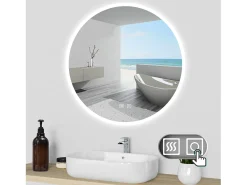 AICA Espejo de baño con iluminación LED Espejo redondo,70 x 70 cm,luz 3 colores, antivaho, brillo ajustable, memoria de apagado