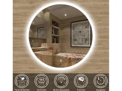 AICA Espejo de baño con iluminación LED Espejo redondo,100 cm, antivaho, brillo ajustable, memoria de apagado