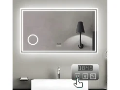 Aica Espejo de baño LED 140×80 cm,Reloj,Lupa,Bluetooth