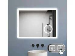 Aica Espejo de baño LED 80×60cm,Bluetooth,Espejo de aumento