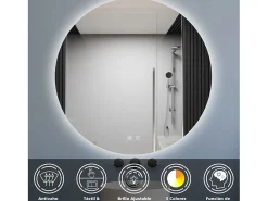 Aica Espejo de baño redondo LED 80×80cm, antivaho, luz tricolor regulable, función memoria