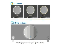 Aica Espejo redondo de baño LED 70cm,antivaho,brillo ajustable