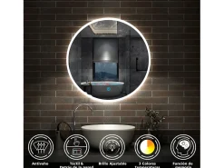 Aica Espejo redondo de baño LED 70cm,antivaho,brillo ajustable