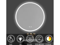 Aica Espejo redondo de baño LED 80cm,antivaho,brillo ajustable