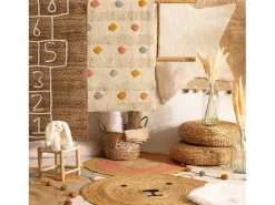 Alfombra Infantil Redonda 100 cm en Yute Natural Beige con Motivo Cabeza de Osito - Decoración Moderna y Fácil de Mantener
