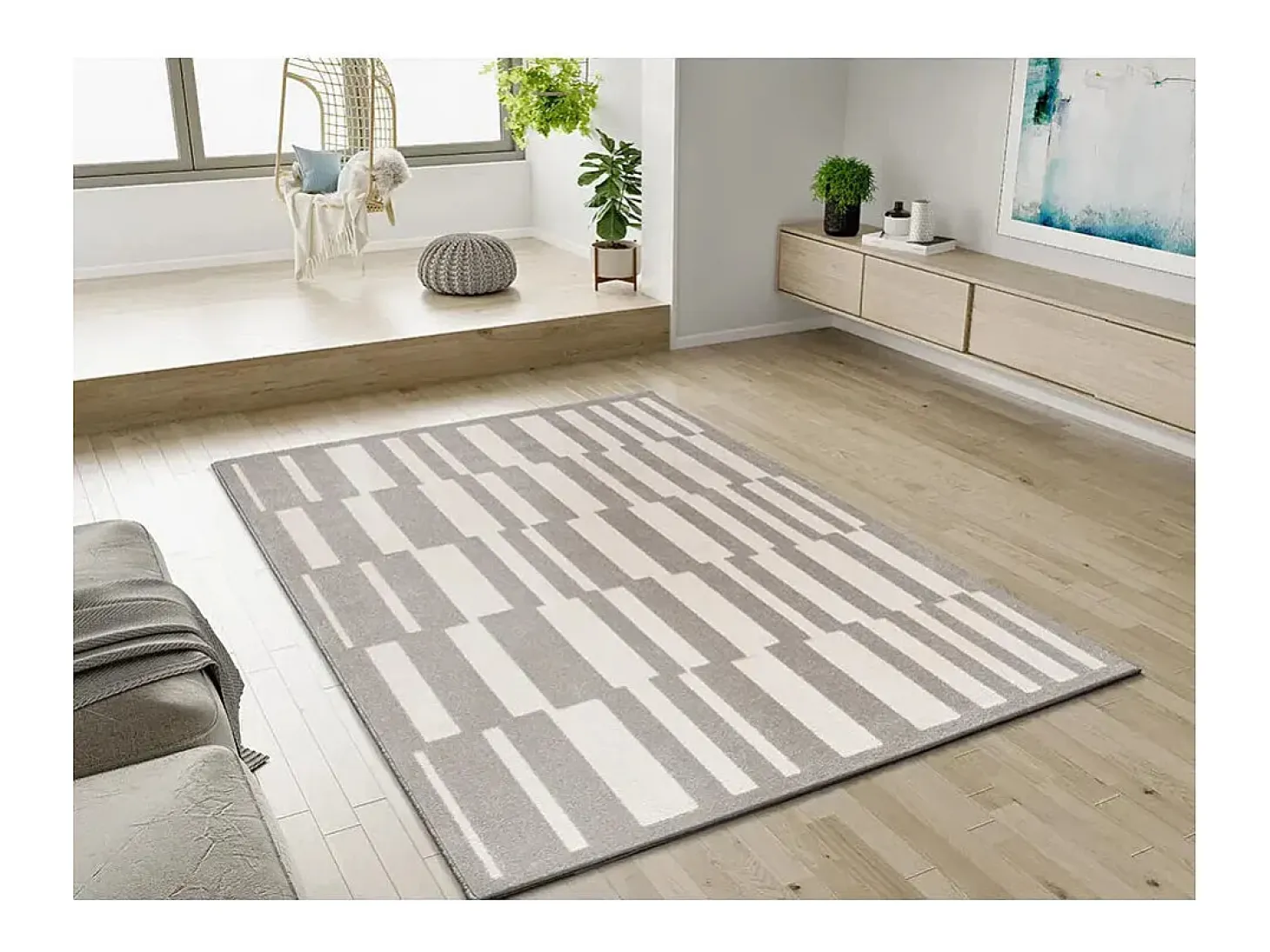 Alfombra interior - geométrico con relieve - gris / blanco - 133 x 190 cm - BARESA