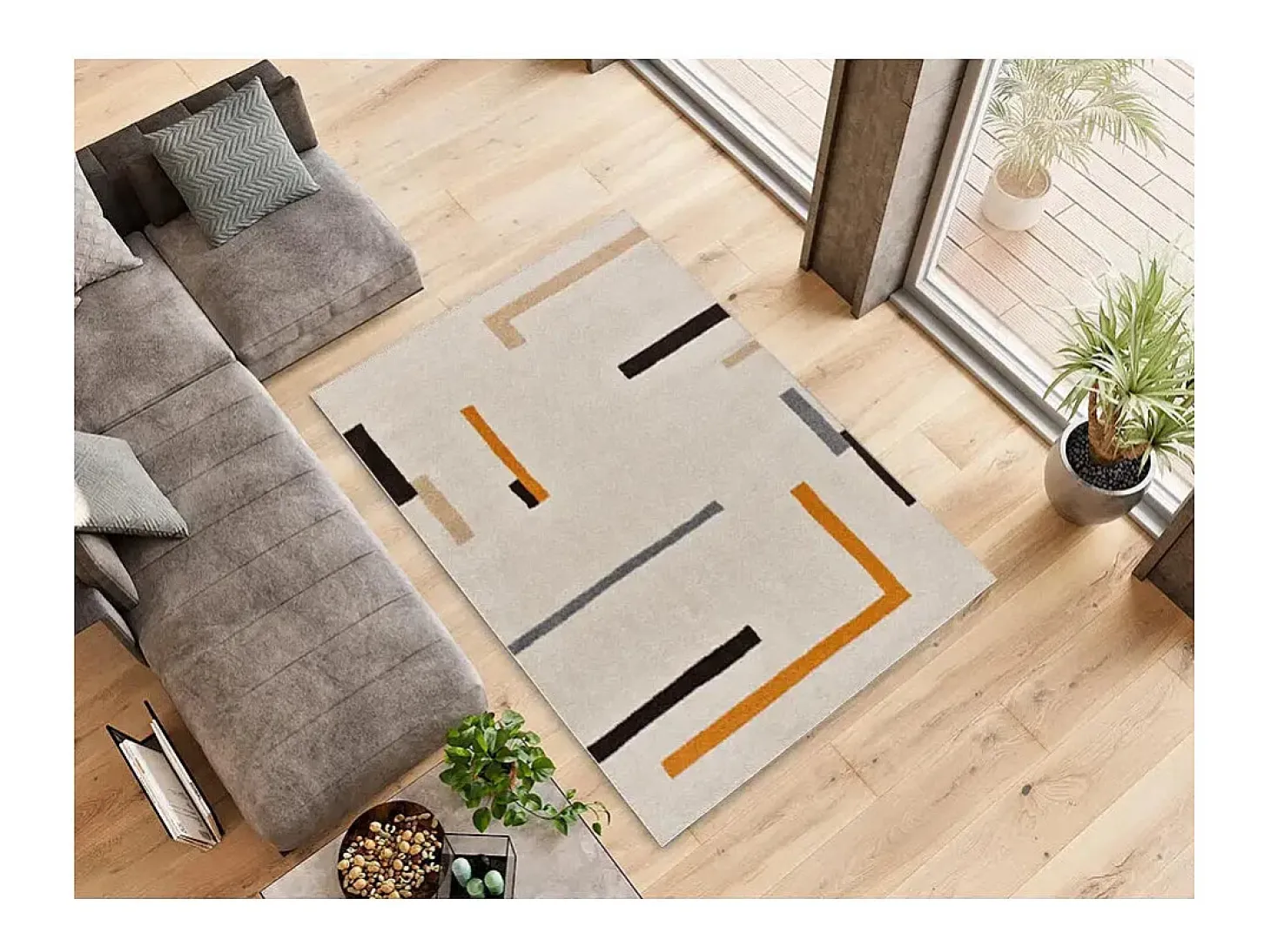 Alfombra interior - geométrico - beige / naranja - 140 x 200 cm - LESSIA