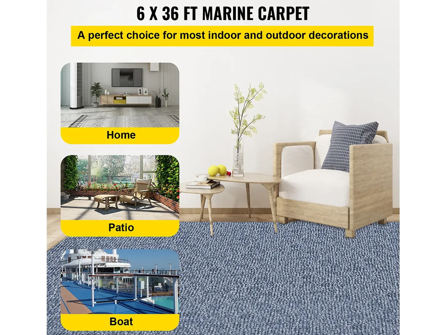 Alfombra para Interior y Exterior SucceBuy, 1,8 x 11,9 m, Alfombra Marina Gris, Antideslizante para Interior/Exterior