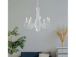 Alma - Lámpara de araña de hierro lacado en blanco con decoración. Lámpara de techo efecto shabby chic 8 luces 128 - Ø67 - BL130-8-BCO