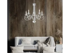 Alma - Lámpara de araña de hierro lacado en blanco con decoración. Lámpara de techo efecto shabby chic, 5 luces, 120 cm, Ø57 cm, BL130-5-BCO