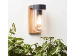 Aplique de pared exterior, madera oscura, metal negro y cristal, casquillo E27, 1 x 40 W