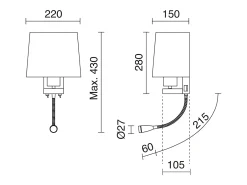 Aplique de pared FIRENZE estilo clásico - Alt. 43 cm - E27 60W + LED SMD 3W - 2x on&off - 2x USB - acero y algodón - niquel satinado y blanco - IP20