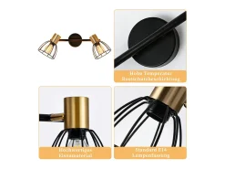 Aplique de pared para interior Nettlife, vintage, casquillo E14, negro, giratorio 350°, de metal, con 2 luces (bombillas no incluidas)