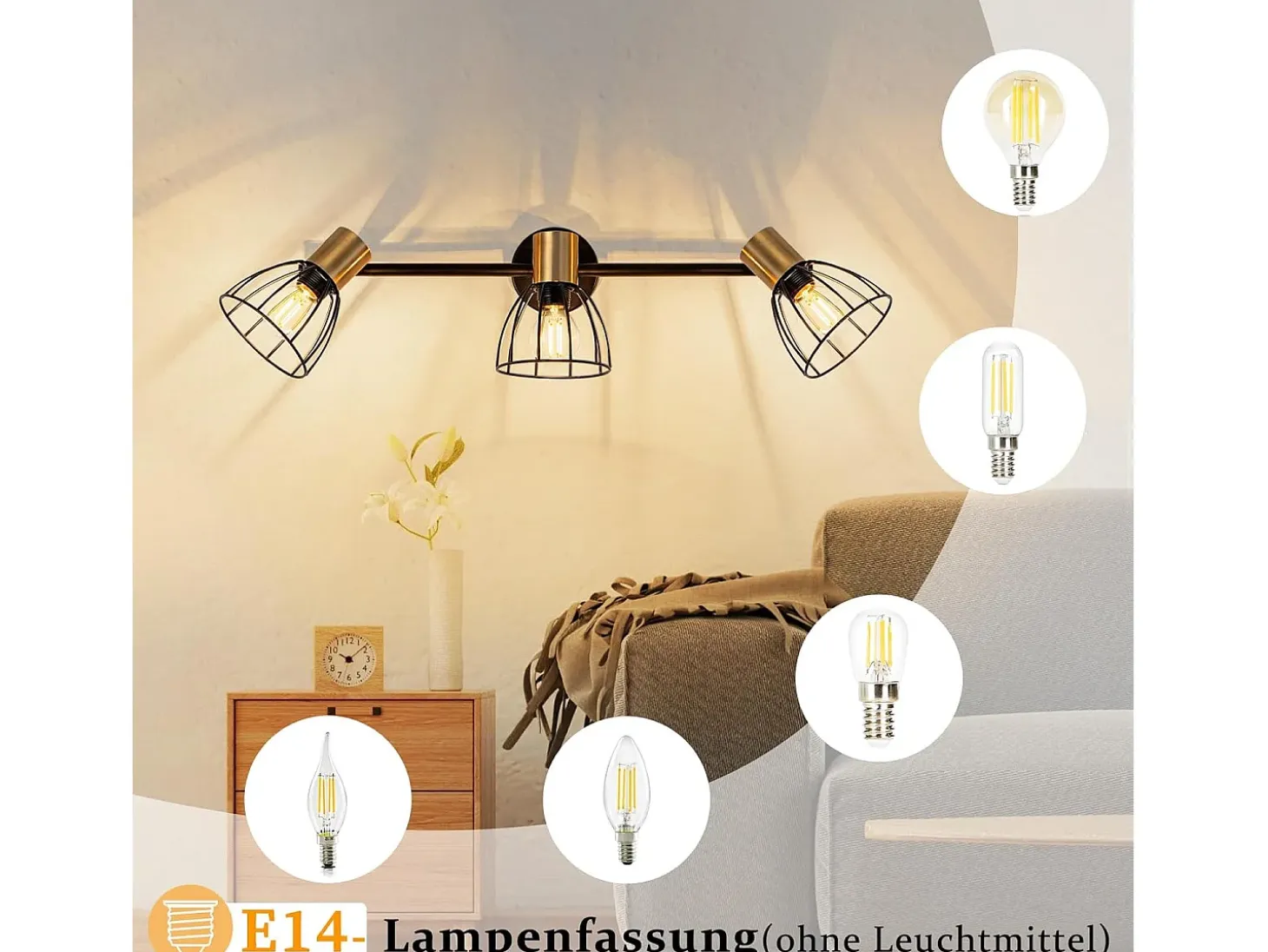 Aplique vintage NETTLIFE de metal negro, 3 focos E14, orientables 350°, estilo retro, para salón, pasillo, dormitorio (bombillas no incluidas)