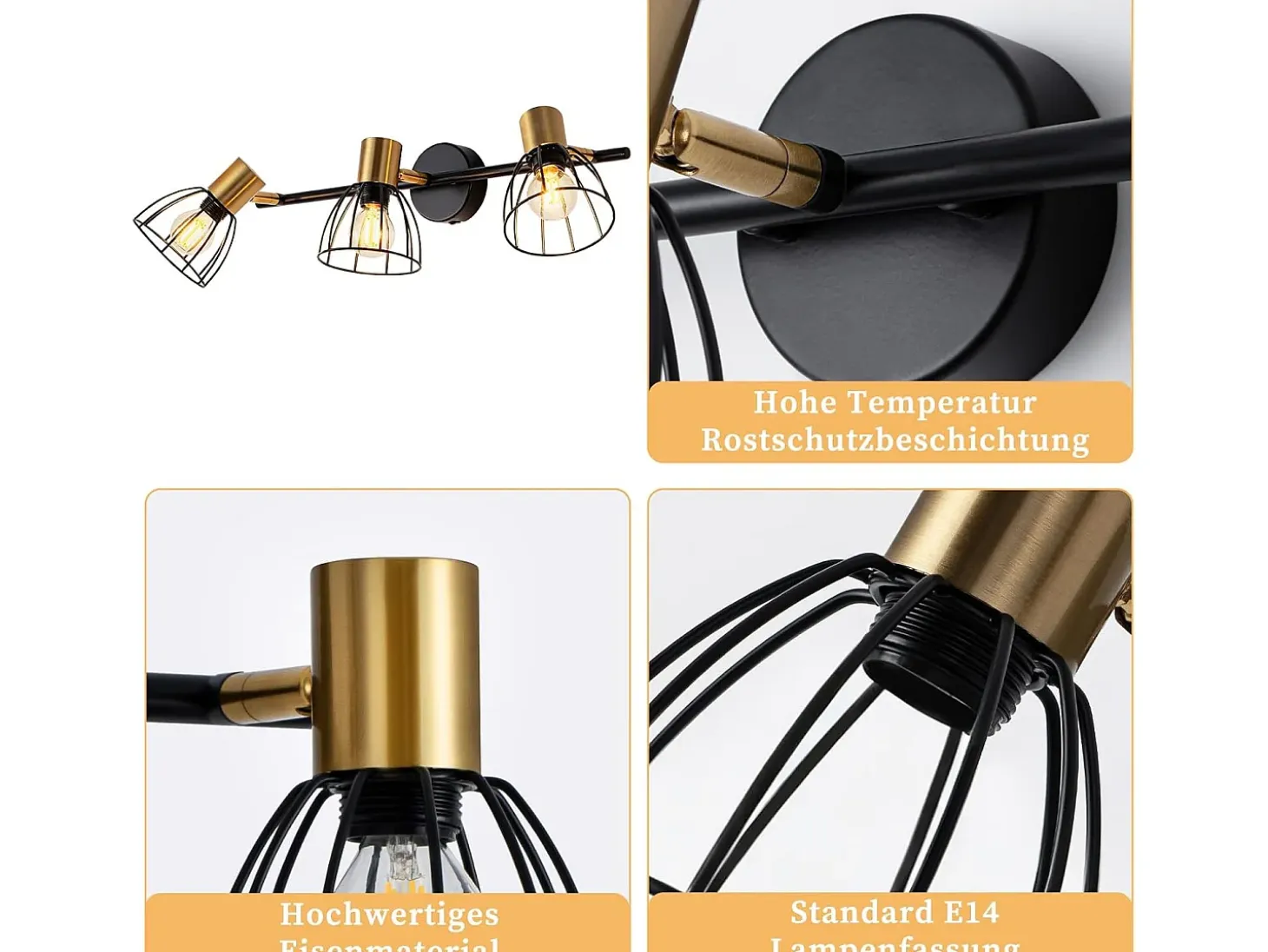 Aplique vintage NETTLIFE de metal negro, 3 focos E14, orientables 350°, estilo retro, para salón, pasillo, dormitorio (bombillas no incluidas)