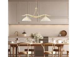 Bilbao - Lámpara de hierro lacado en marfil con decoración. Efecto decapé y difusores de cristal d. 30 blanco y ámbar 2 luces L. 89 X 30