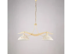Bilbao - Lámpara de hierro lacado en marfil con decoración. Efecto decapé y difusores de cristal d. 30 blanco y ámbar 2 luces L. 89 X 30