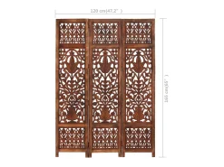 Biombo 3 paneles tallado a mano madera mango marrón 120x165 cm