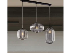 Carril Glamour de hierro lacado en negro con cables orientables y difusores de cristal soplado gris espejado con dec. Forro en relieve de 3 luces