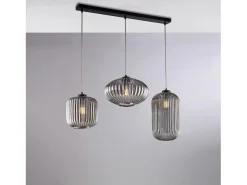 Carril Glamour de hierro lacado en negro con cables orientables y difusores de cristal soplado gris espejado con dec. Forro en relieve de 3 luces
