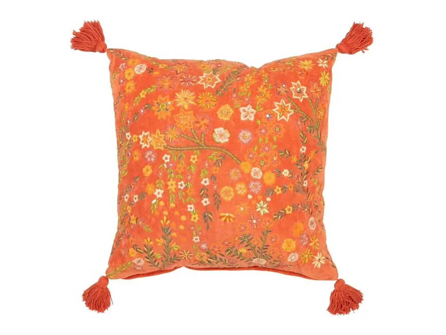 Cojín cuadrado flores+copos en terciopelo naranja 50x50x15 cm