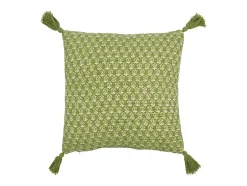 Cojín flores+borlas en algodón verde 45x45x12 cm