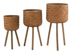 Conjunto de 3 macetas con soporte de madera natural de 37x37x75 cm