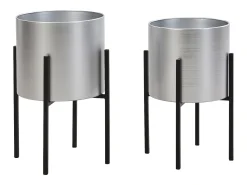 Conjunto de 2 maceteros con soporte de metal - D.25 x Alt. .39 y D. 23 x Alt. .35.5 - Plateado - EDMEE