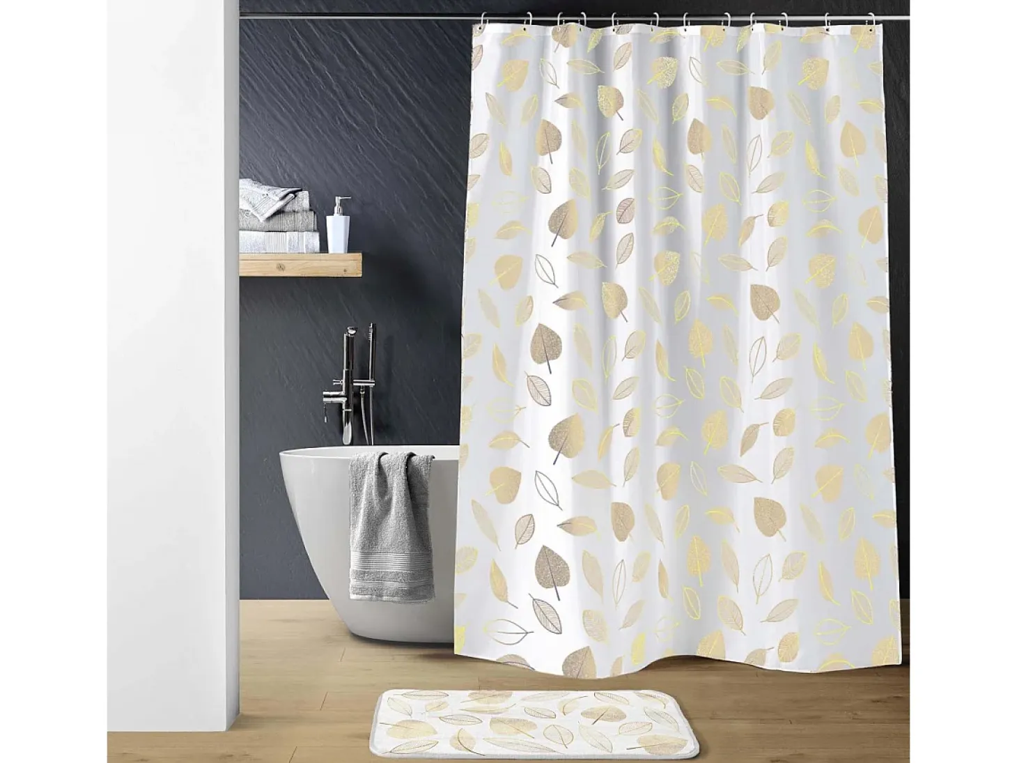 Cortina de ducha con ganchos Joya Golden Leaves 180 x 200 cm