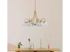 Dallas - Lámpara de araña marfil con efecto decapé y oro antiguo, cristal blanco, 8 luces