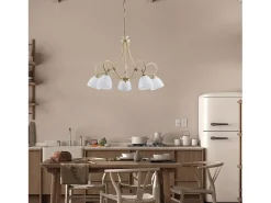 Dallas - Lámpara de araña marfil con efecto decapé y cristal blanco, acabado oro antiguo, 5 luces