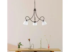 Dallas - Lámpara de araña negra con decoración óxido y oro antiguo, difusores de cristal blanco, 3 luces