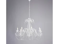 Damasco - Lámpara blanca shabby chic con pedrería de cristal, 8 luces Ø90 cm