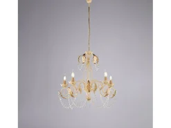Damasco - Lámpara de hierro lacado marfil con decoración. Efecto decapé y acabados en oro antiguo con pedrería de cristal 5 luces 125 - Ø63