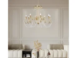 Damasco - Lámpara de hierro lacado marfil con decoración. Efecto decapé y acabados oro antiguo con pedrería de cristal 8 luces 130 - Ø90