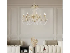 Damasco - Lámpara de hierro lacado marfil con decoración. Efecto decapé y acabados oro antiguo con pedrería de cristal 8 luces 130 - Ø90