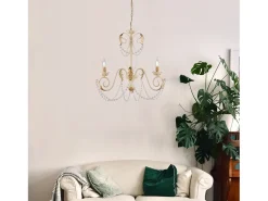 Damasco - Lámpara de hierro lacado marfil con decoración. Efecto decapé y acabados oro antiguo con pedrería de cristal 3 luces 120 - Ø47