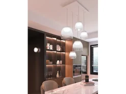 Drum Sosp. Rettangolare Bianco 5 Luci Vetri 3 Pic. + 2 Gr. Decoro Bianco