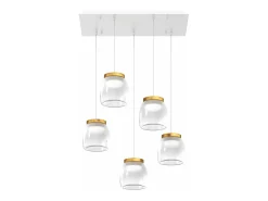 Drum Sosp. Rettangolare Bianco 5 Luci Vetri Piccoli Decoro Oro Opaco