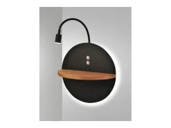 Dual - Aplique de pared con estante y luz LED 15W Fabas Luce Touch dimmer - Negro mate con USB integrado en madera