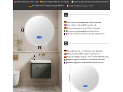 Espejo de baño antivaho sin marco con indicador de temperatura, 3 niveles de brillo, redondo, diámetro 100 cm