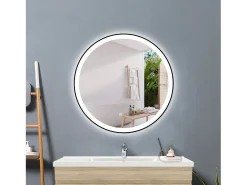 Espejo de baño con Led,70 x 70 cm, Luz led con tres colores,Con función antivaho, bluetooth , reloj digital.Marco negro, diseño contemporáneo.