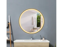 Espejo de baño con Led,70 x 70 cm, Luz led con tres colores,Con función antivaho, bluetooth , reloj digital.Marco negro, diseño contemporáneo.