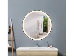 Espejo de baño con Led,70 x 70 cm, Luz led con tres colores,Con función antivaho, bluetooth , reloj digital.Marco negro, diseño contemporáneo.