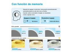 Espejo de baño con Led,50 x 90 cm, Luz led con tres colores,Con función antivaho, memoria agapada, brillo ajustable.